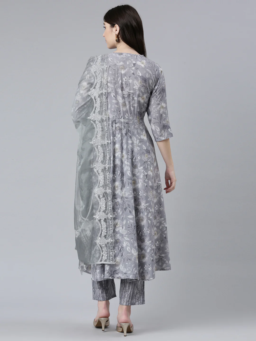 Neerus Grey Pleated Straight Printed Kurta And Trousers With Dupatta - Image 3