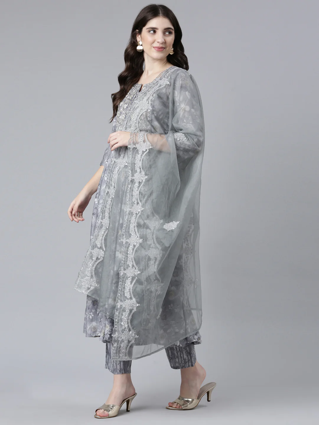 Neerus Grey Pleated Straight Printed Kurta And Trousers With Dupatta - Image 5