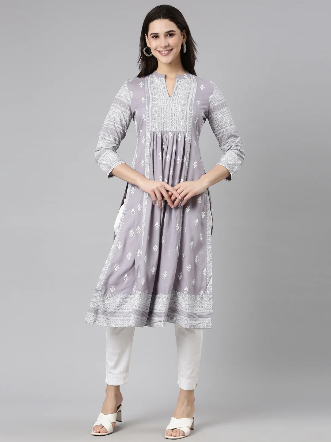 Neerus Grey Pleated Straight Woven Design Kurta
