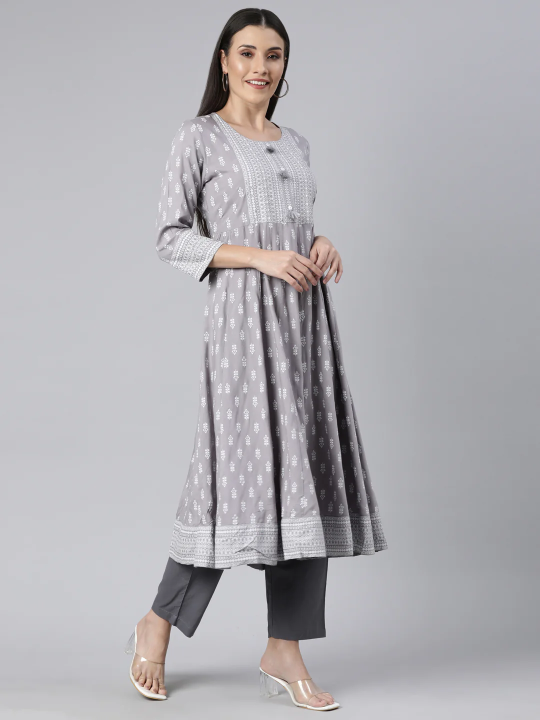Neerus Grey Regular Anarkali Floral Kurta - Image 2