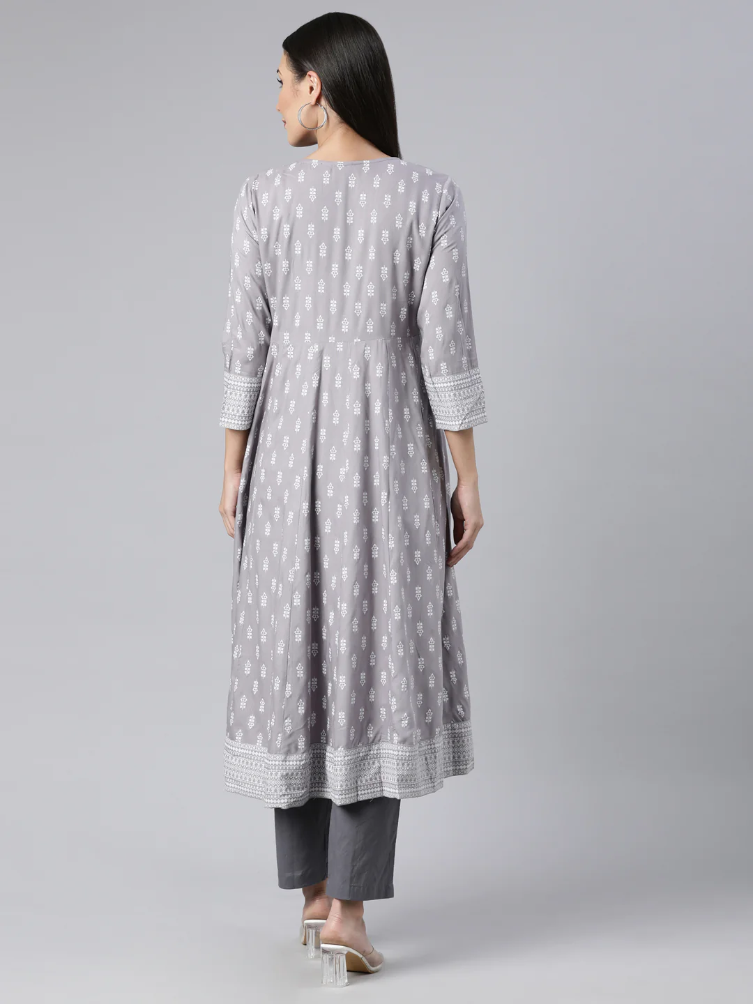 Neerus Grey Regular Anarkali Floral Kurta - Image 3