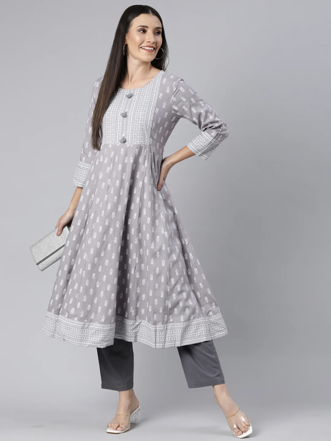 Neerus Grey Regular Anarkali Floral Kurta - Image 5