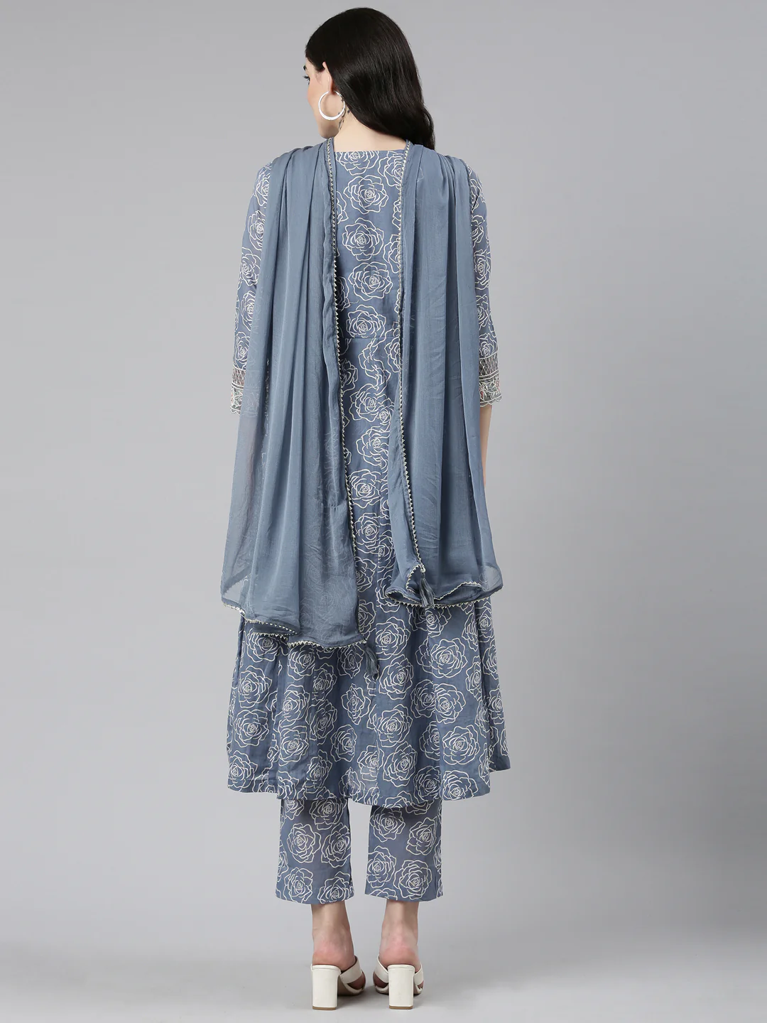 Neerus Grey Regular Anarkali Printed Kurta And Trousers With Dupatta - Image 3