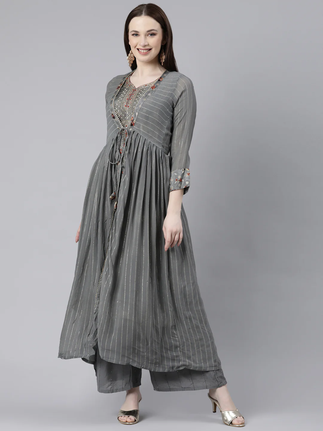 Neerus Grey Regular Knee Length Printed Kurta Solid Palazzos With Dupatta