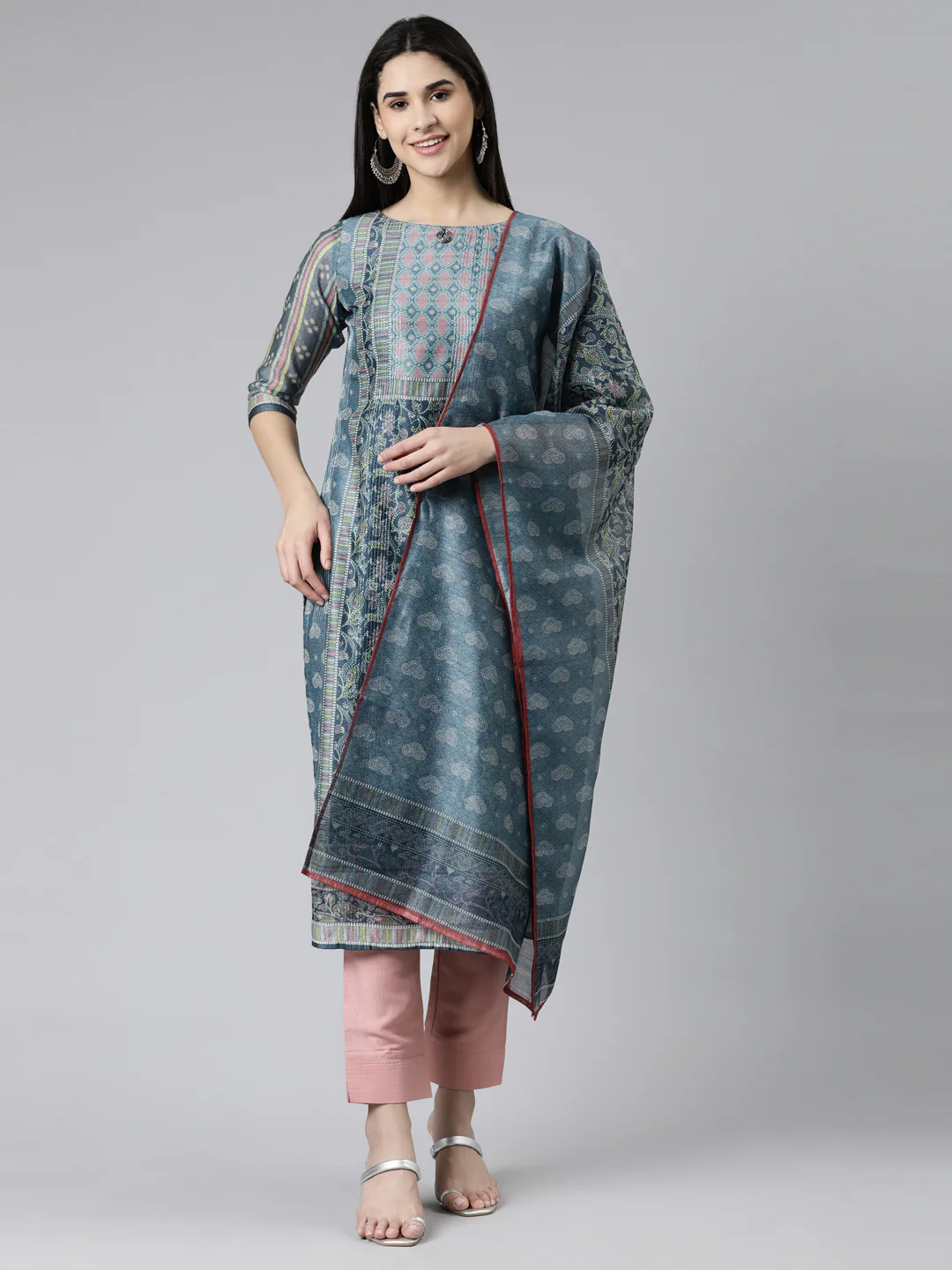 Neerus Grey Regular Knee Length Printed Kurta Solid Trousers With Dupatta