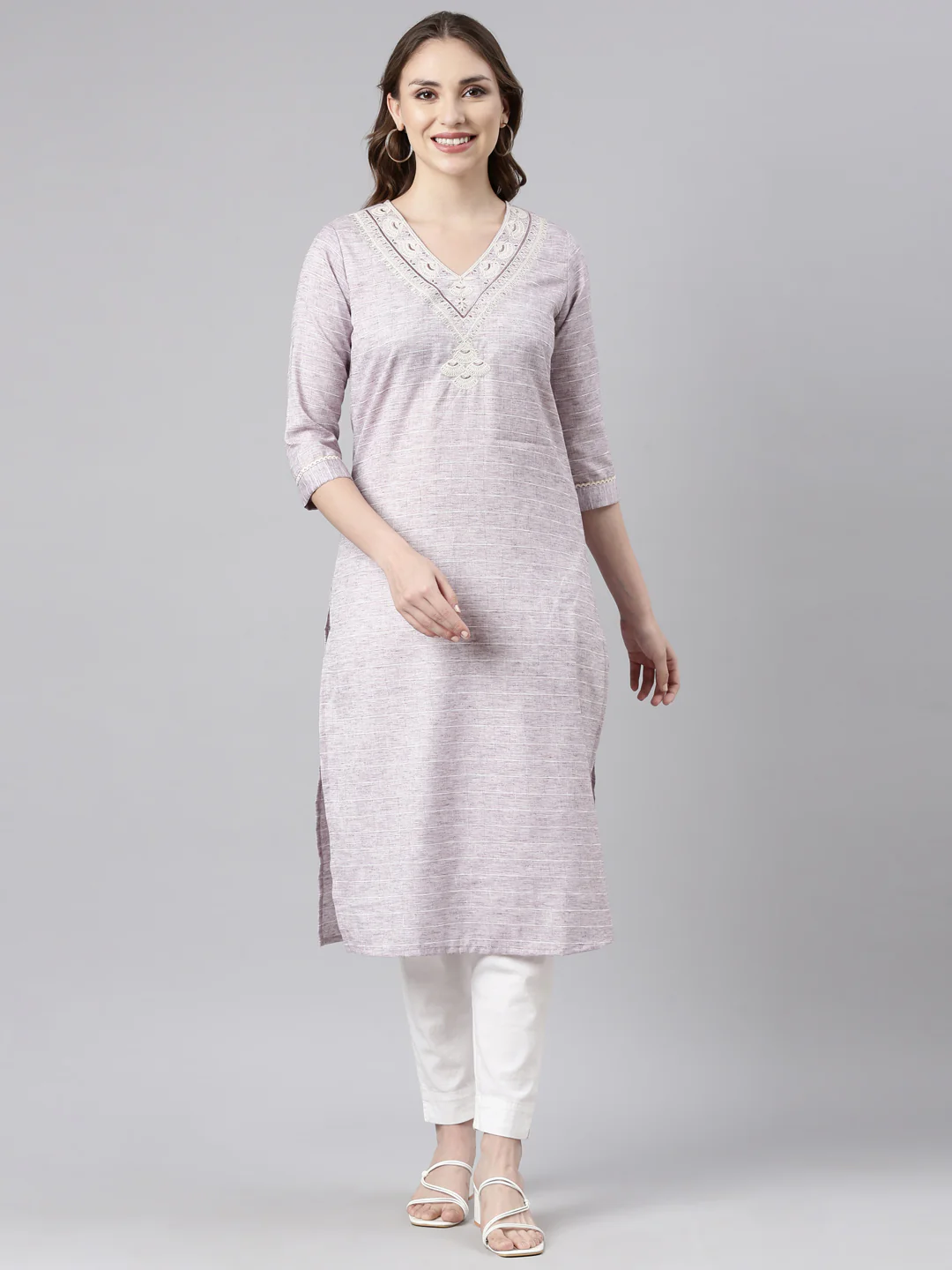 Neerus Grey Regular Straight Checked Kurta
