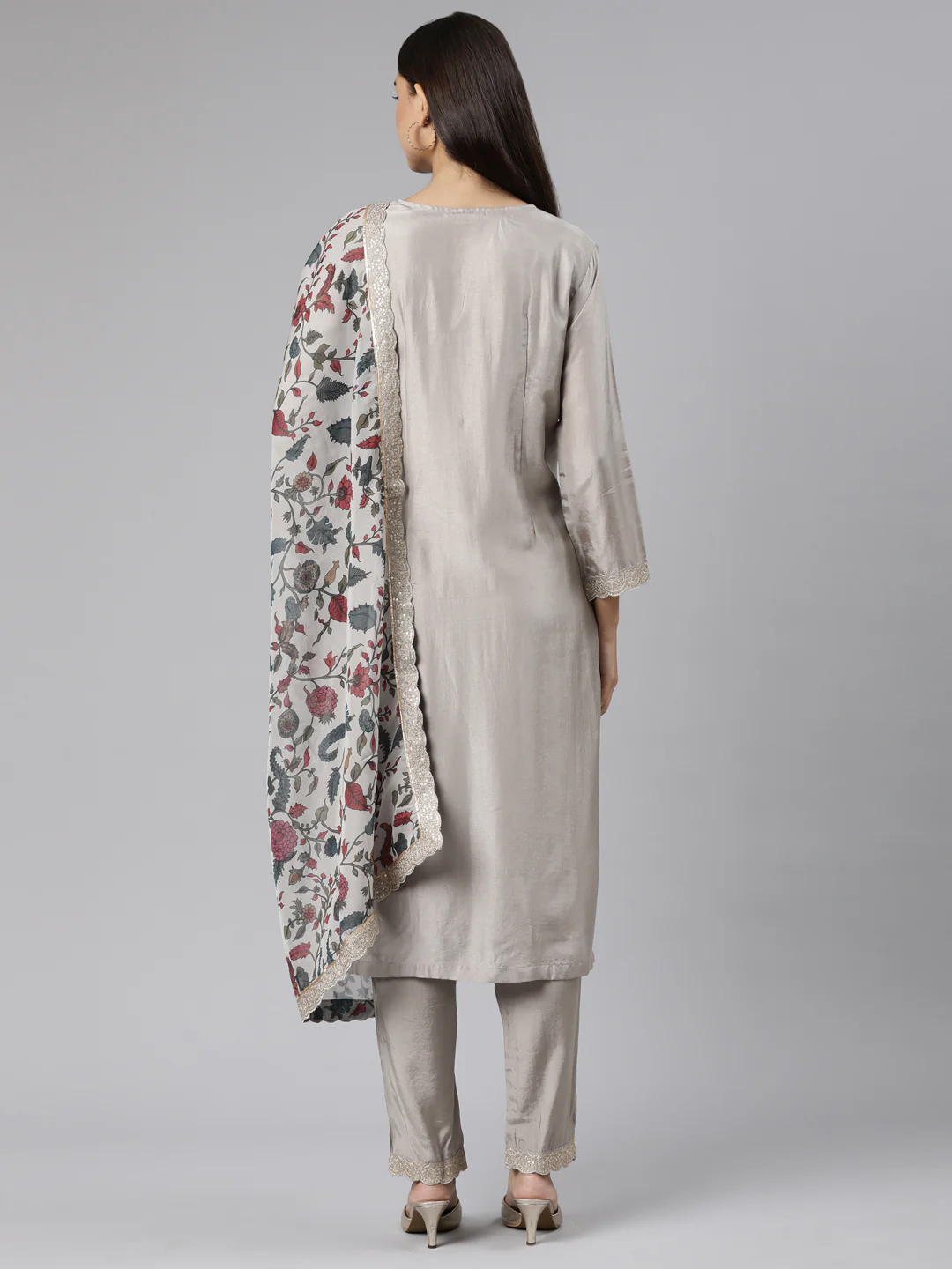 Neerus Grey Regular Straight Floral Kurta And Trousers With Dupatta - Image 3