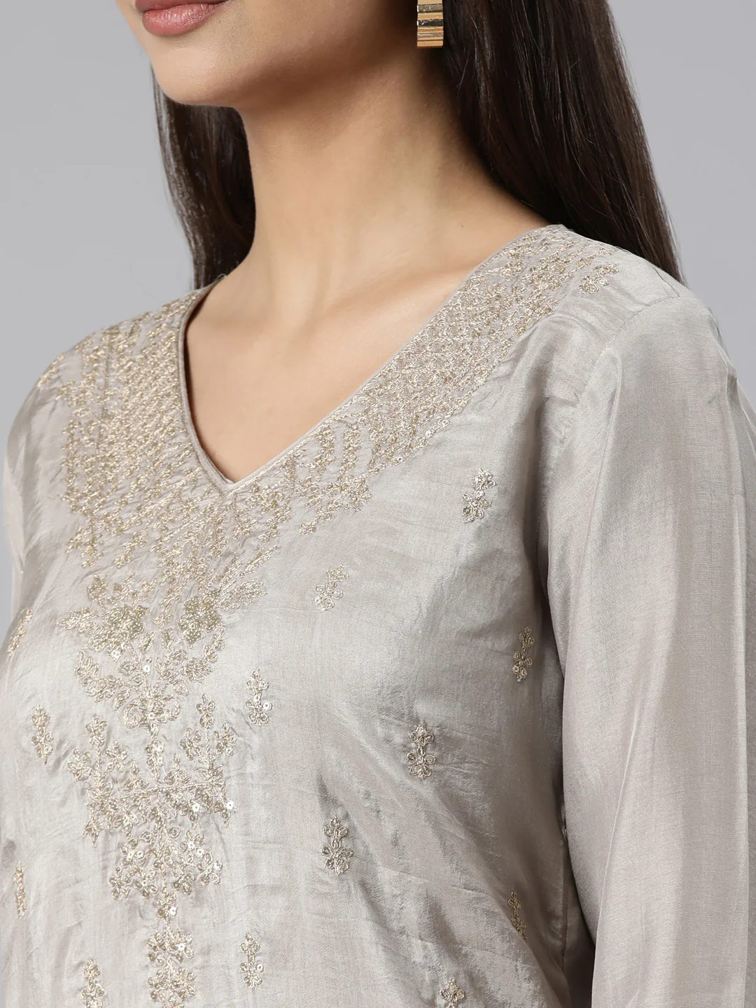 Neerus Grey Regular Straight Floral Kurta And Trousers With Dupatta - Image 5