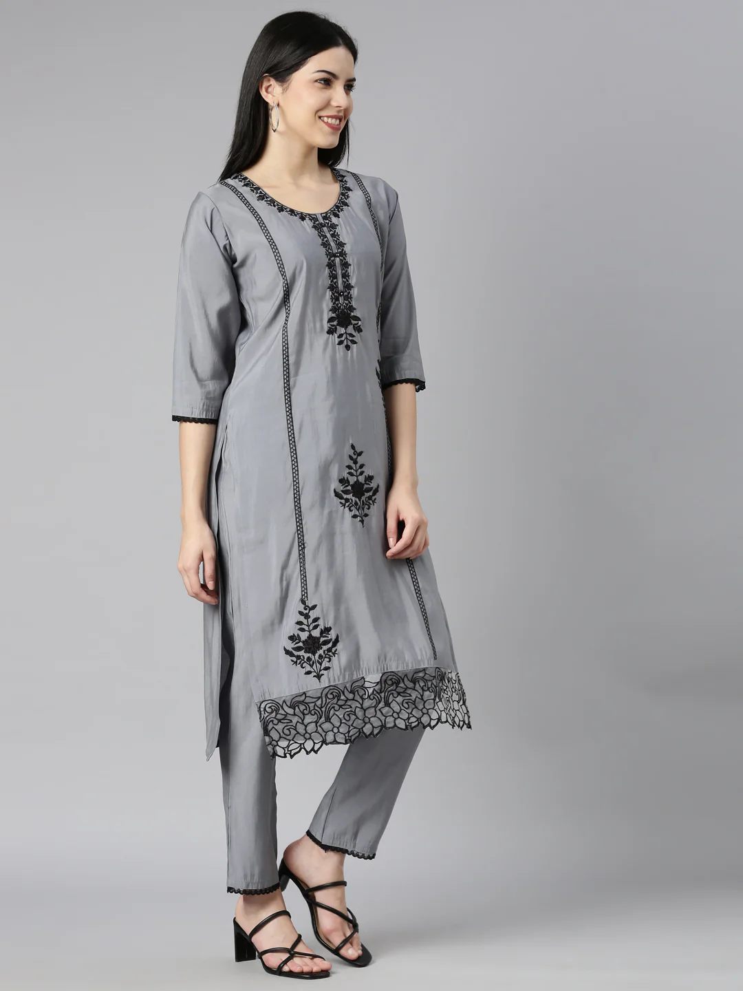 Neerus Grey Regular Straight Floral Kurta And Trousers With Dupatta - Image 2
