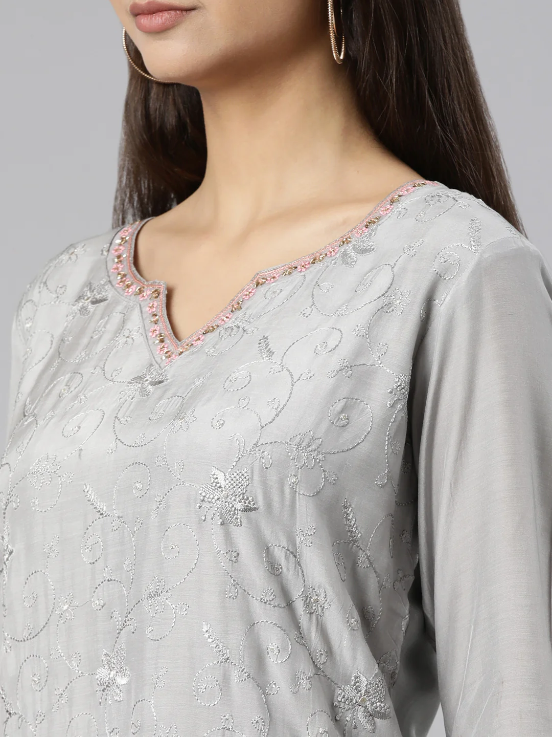 Neerus Grey Regular Straight Floral Kurta And Trousers With Dupatta - Image 4