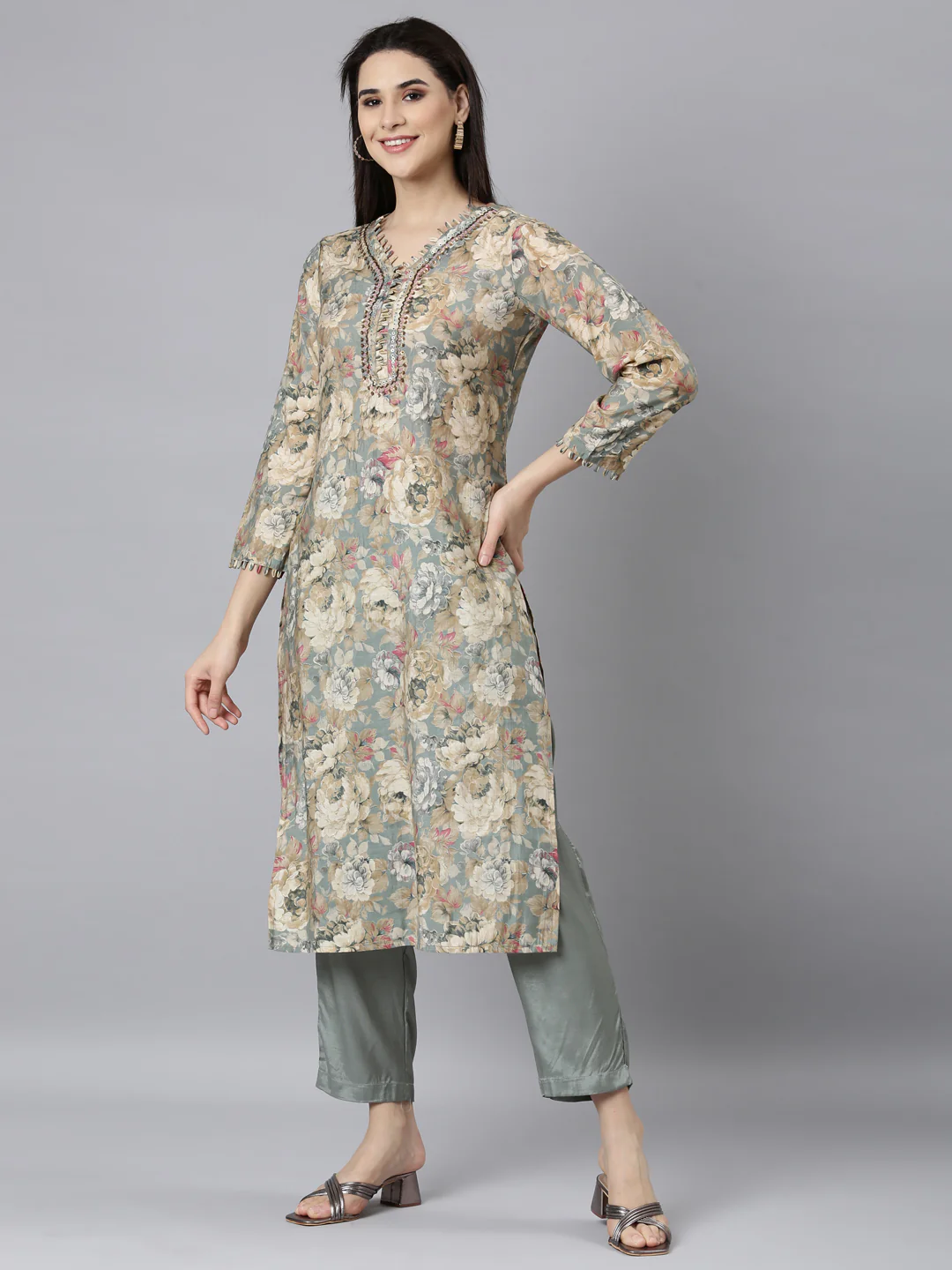 Neerus Grey Regular Straight Floral Kurta And Trousers With Dupatta - Image 2