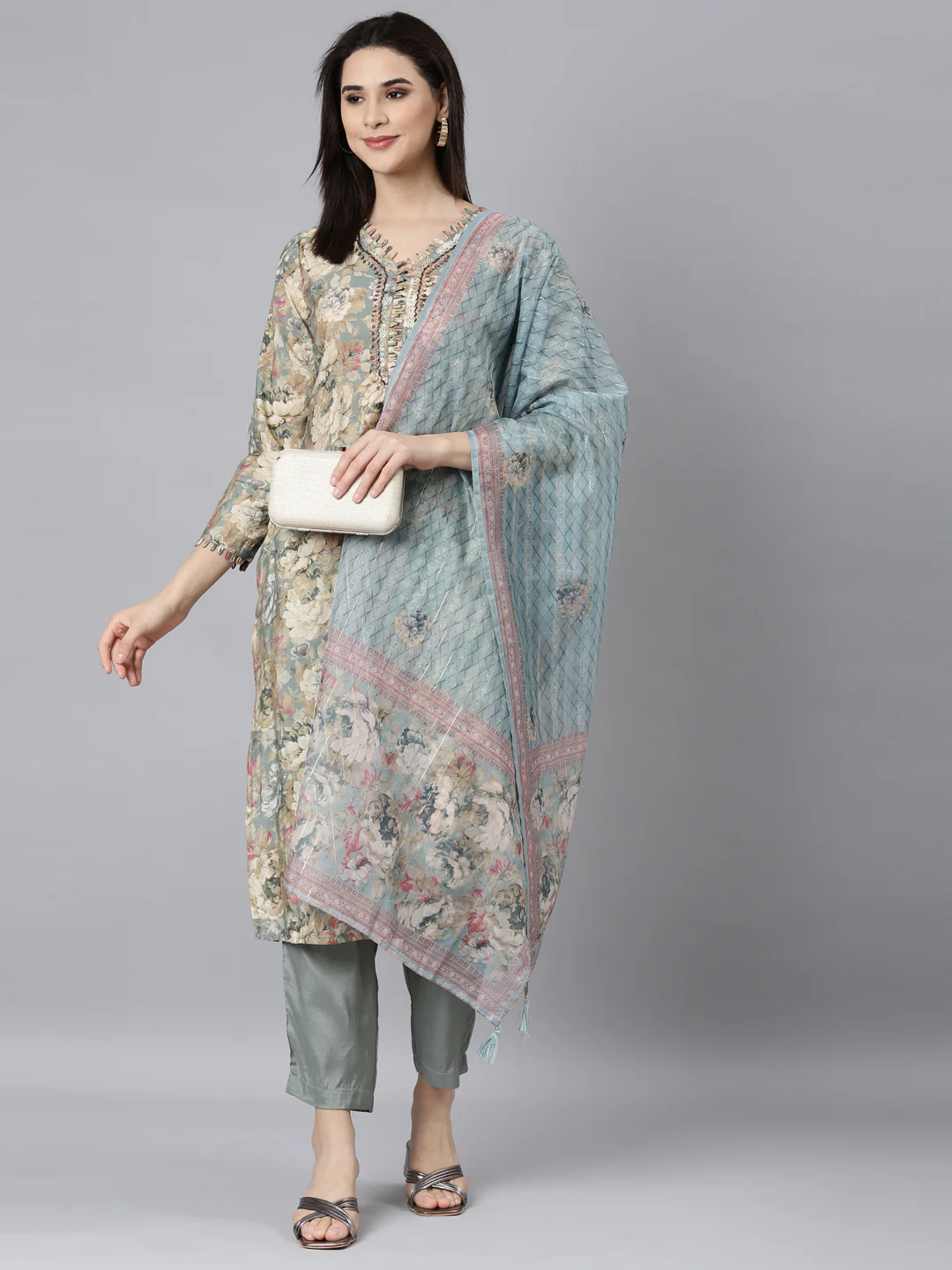 Neerus Grey Regular Straight Floral Kurta And Trousers With Dupatta - Image 5