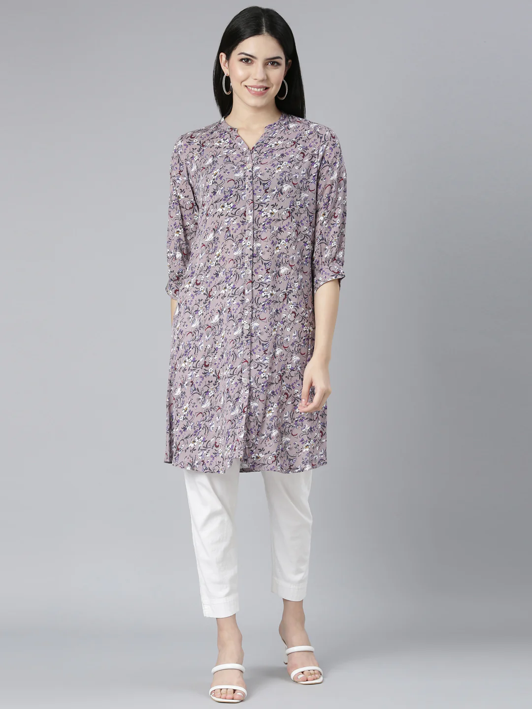 Neerus Grey Regular Straight Floral Kurta