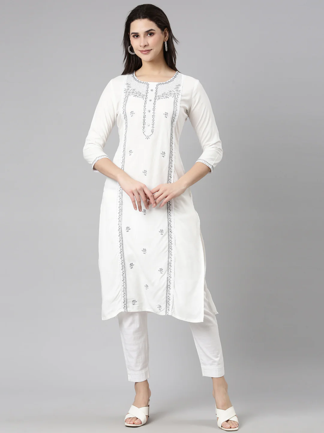 Neerus Grey Regular Straight Floral Kurta