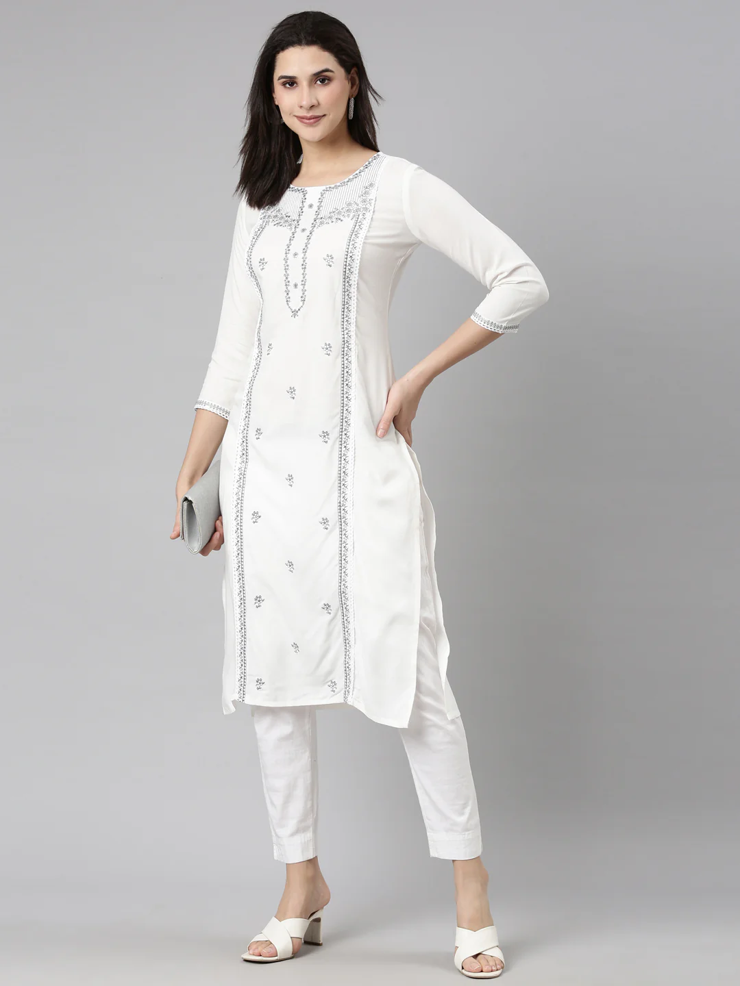 Neerus Grey Regular Straight Floral Kurta - Image 5