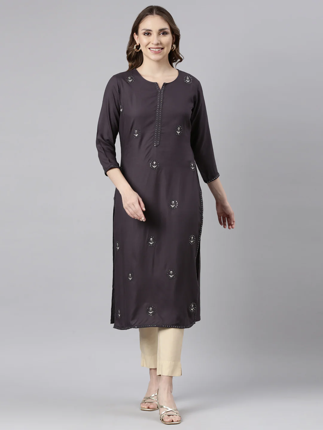 Neerus Grey Regular Straight Floral Kurta