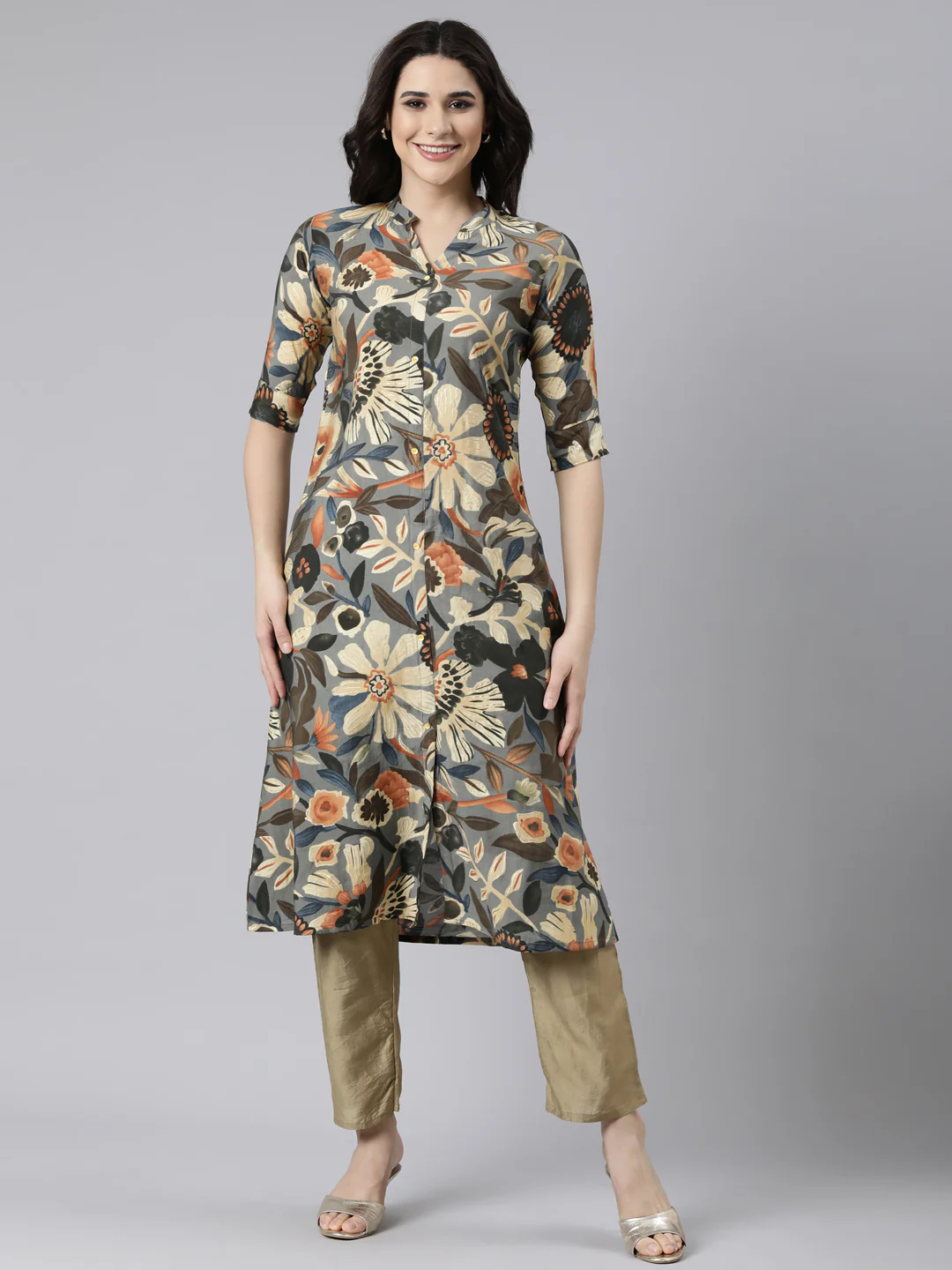 Neerus Grey Regular Straight Floral Kurta
