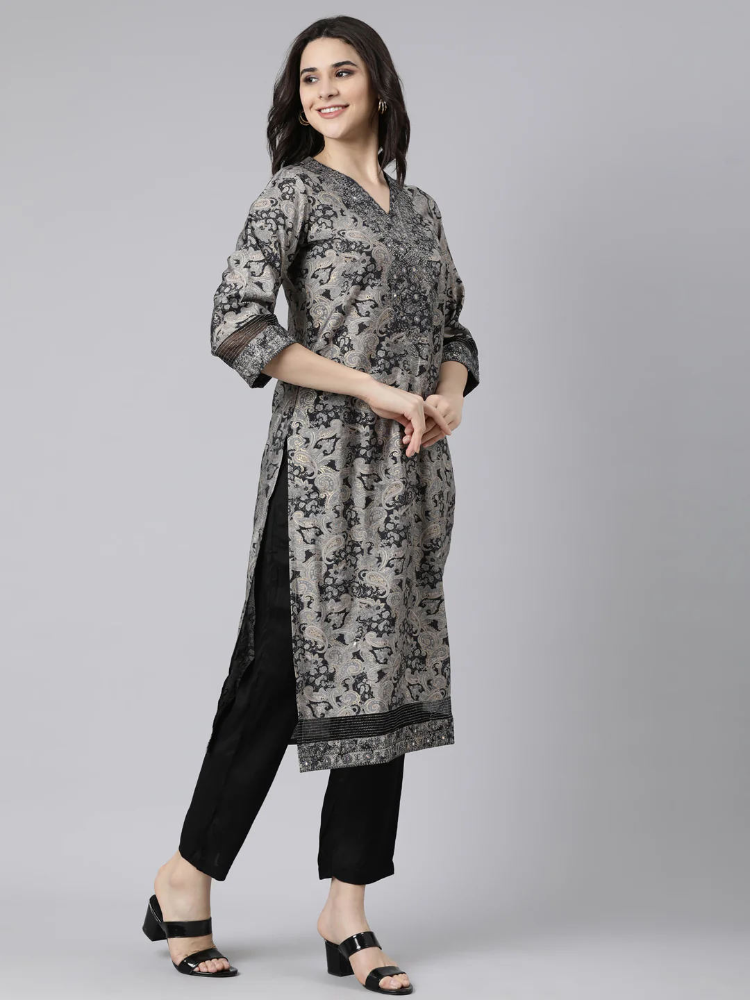 Neerus Grey Regular Straight Paisley Kurta And Trousers With Dupatta - Image 2