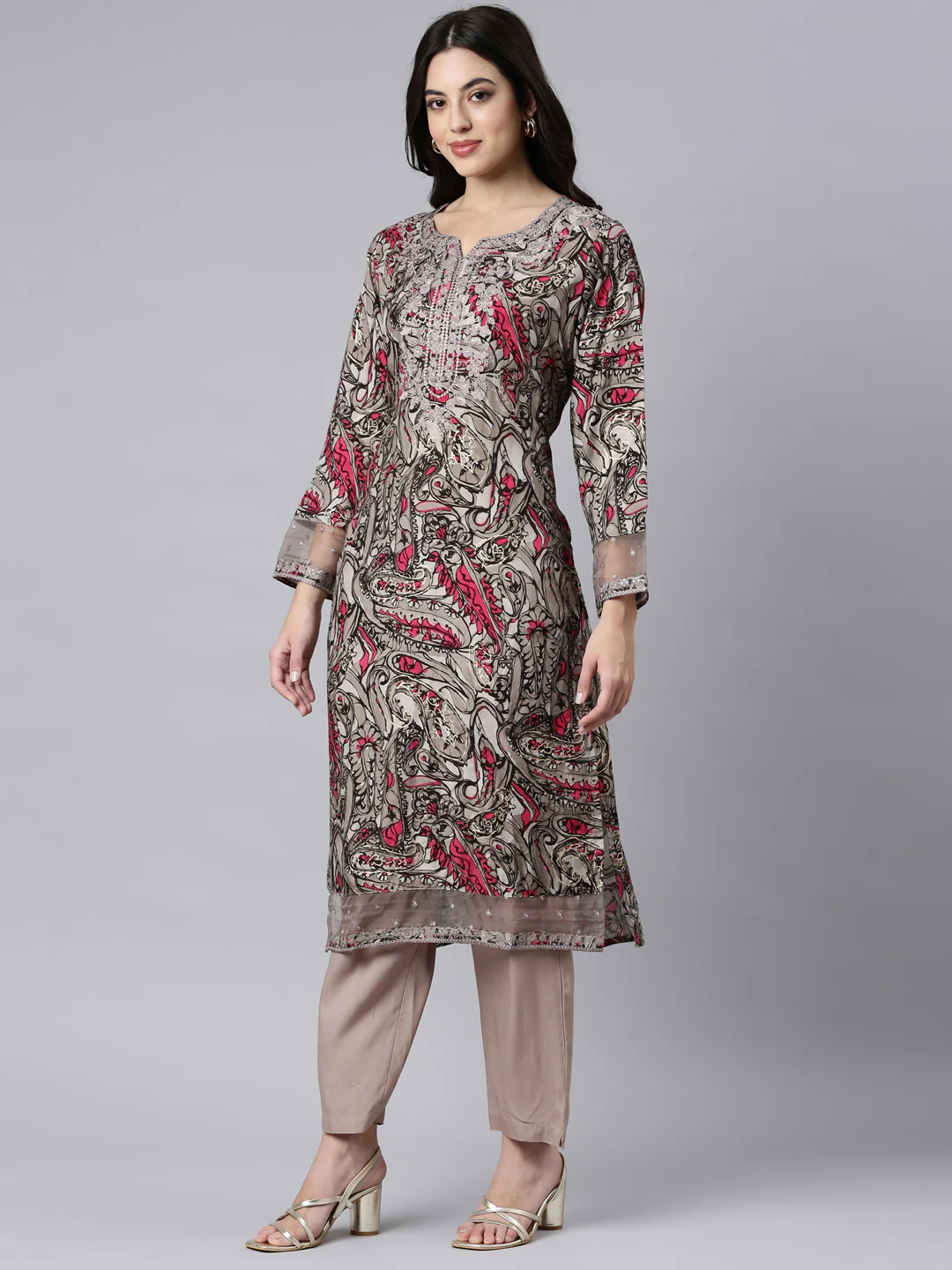 Neerus Grey Regular Straight Paisley Kurta And Trousers With Dupatta - Image 2
