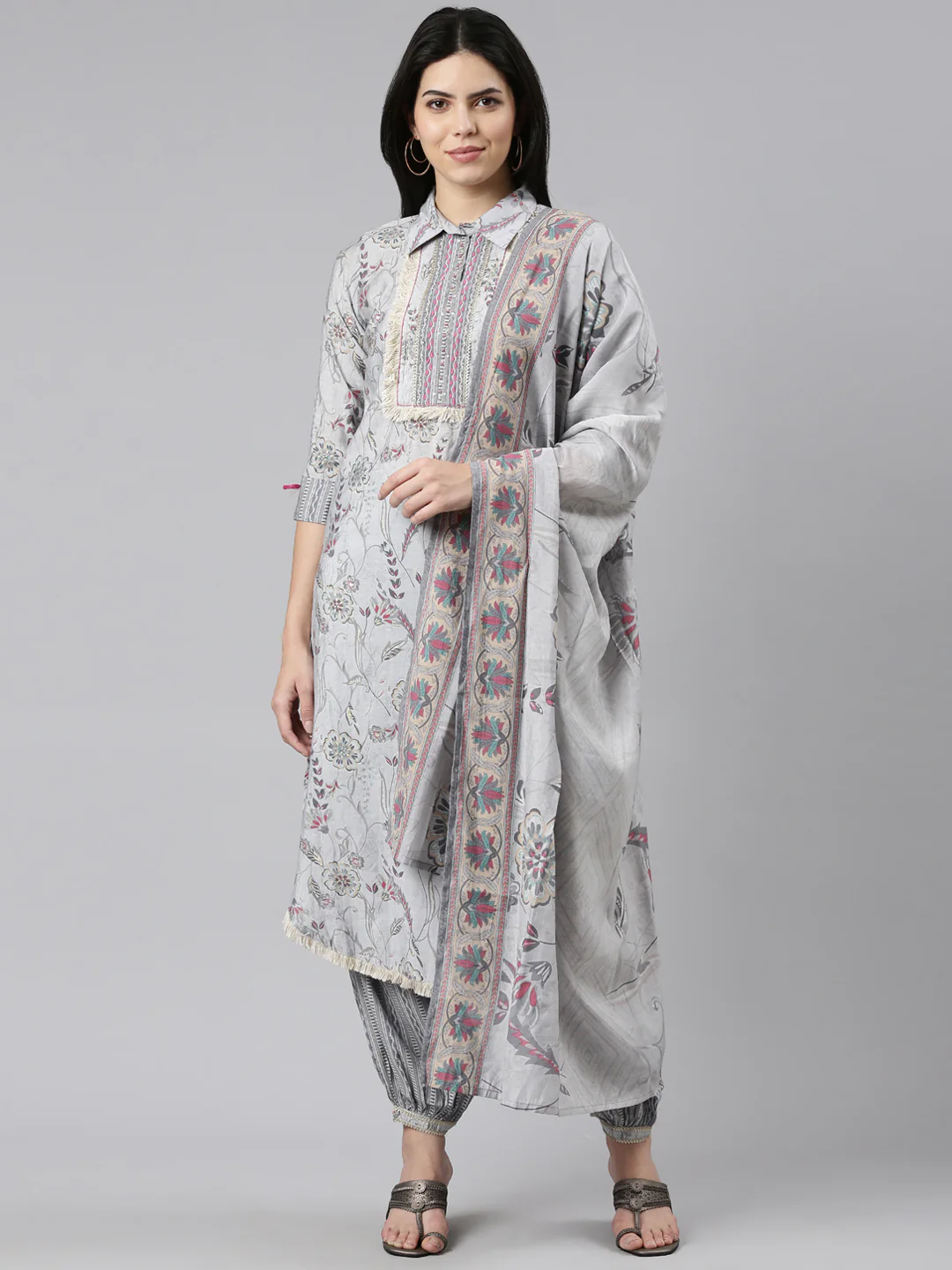 Neerus Grey Regular Straight Printed Kurta And Salwar With Dupatta