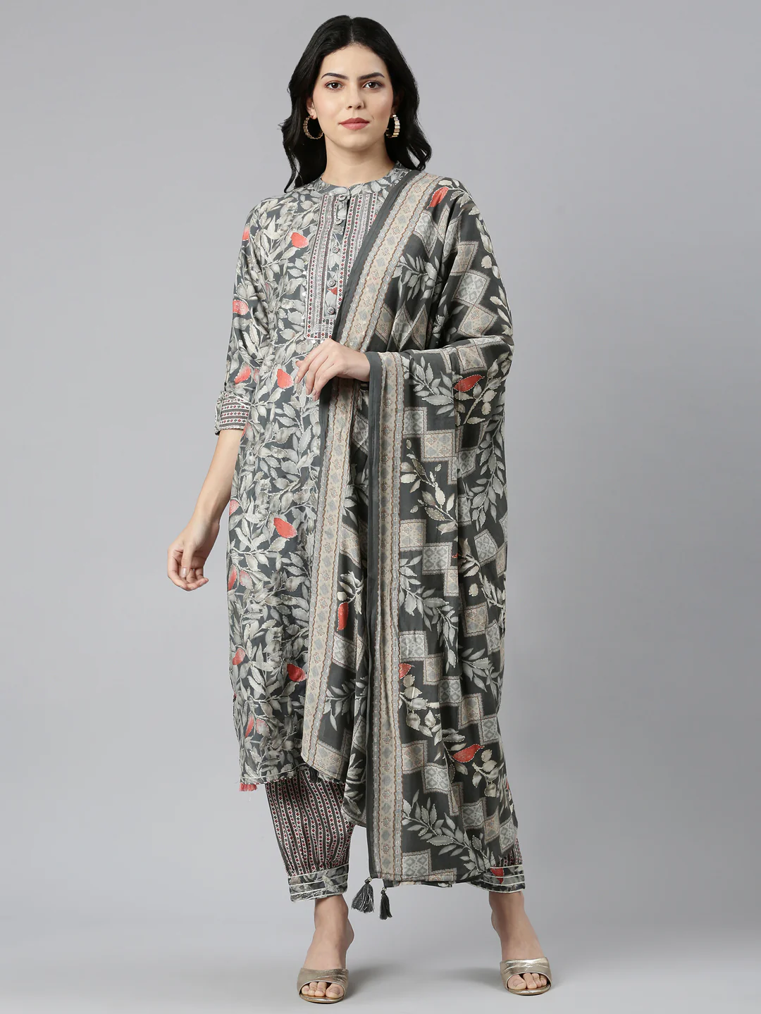 Neerus Grey Regular Straight Printed Kurta And Salwar With Dupatta