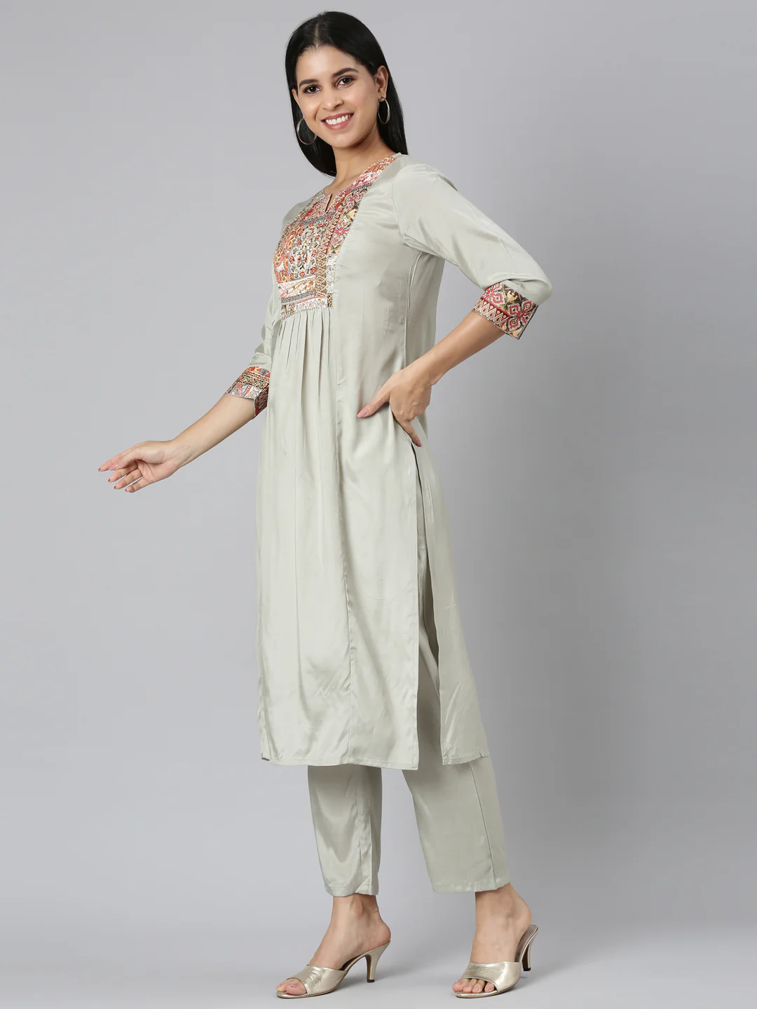 Neerus Grey Regular Straight Solid Kurta and Trousers With Dupatta - Image 2
