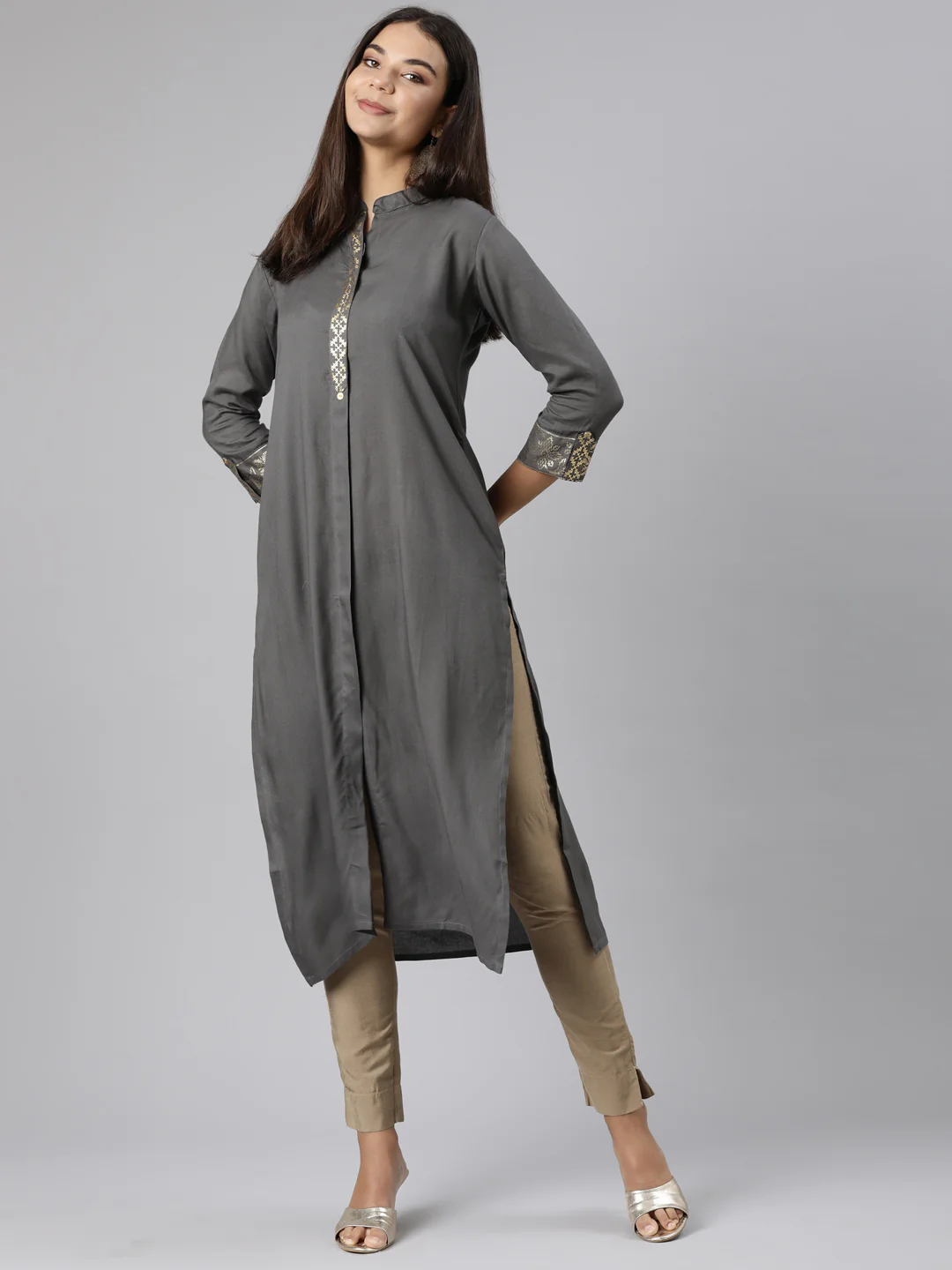 Neerus Grey Regular Straight Solid Kurta - Image 5
