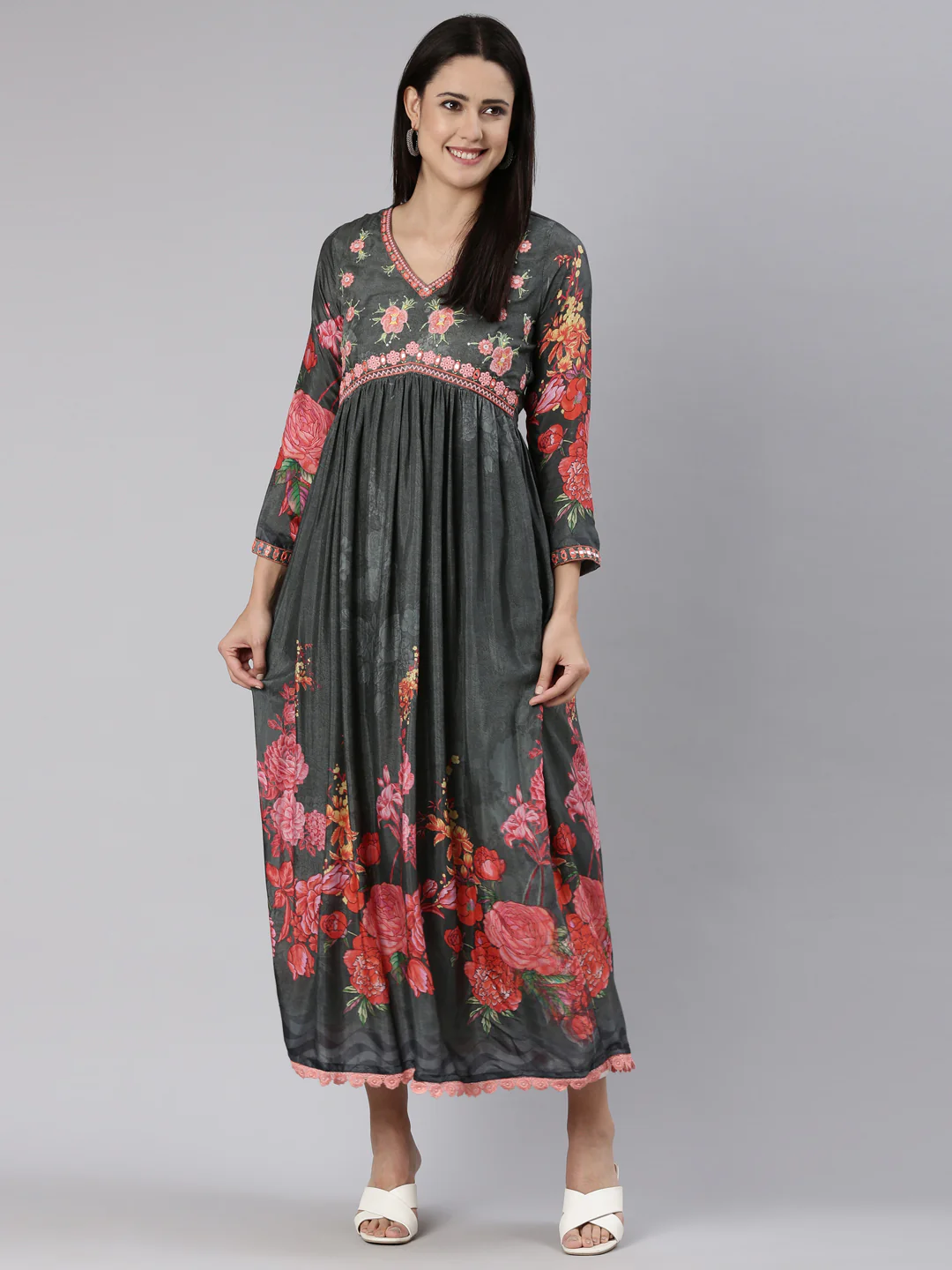 Neerus Grey Straight Casual Floral Dress - Image 5