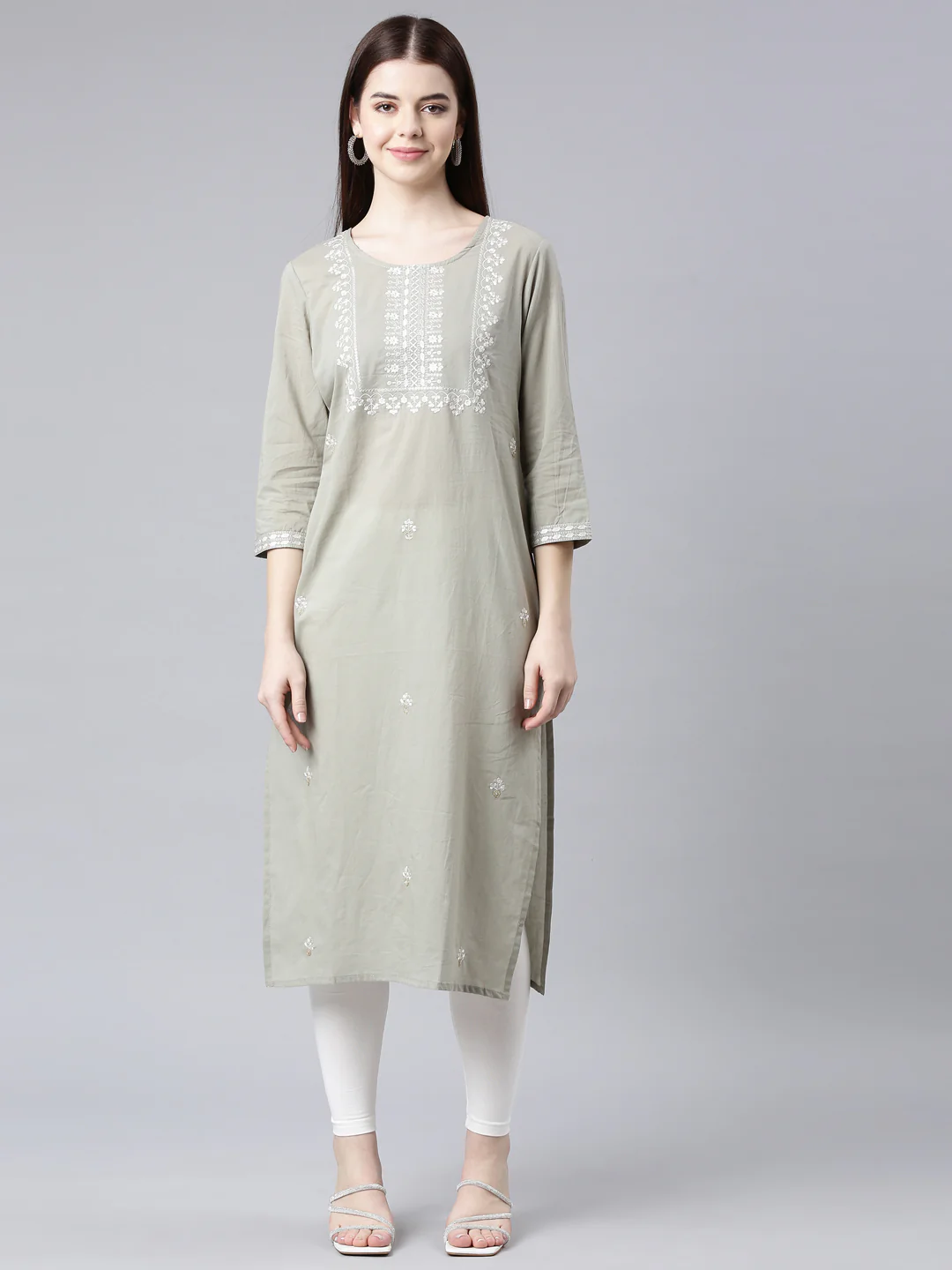 Neerus Grey Straight Casual Floral Straight Kurta
