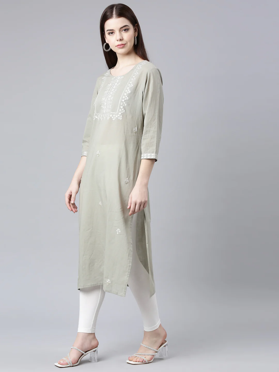 Neerus Grey Straight Casual Floral Straight Kurta - Image 2