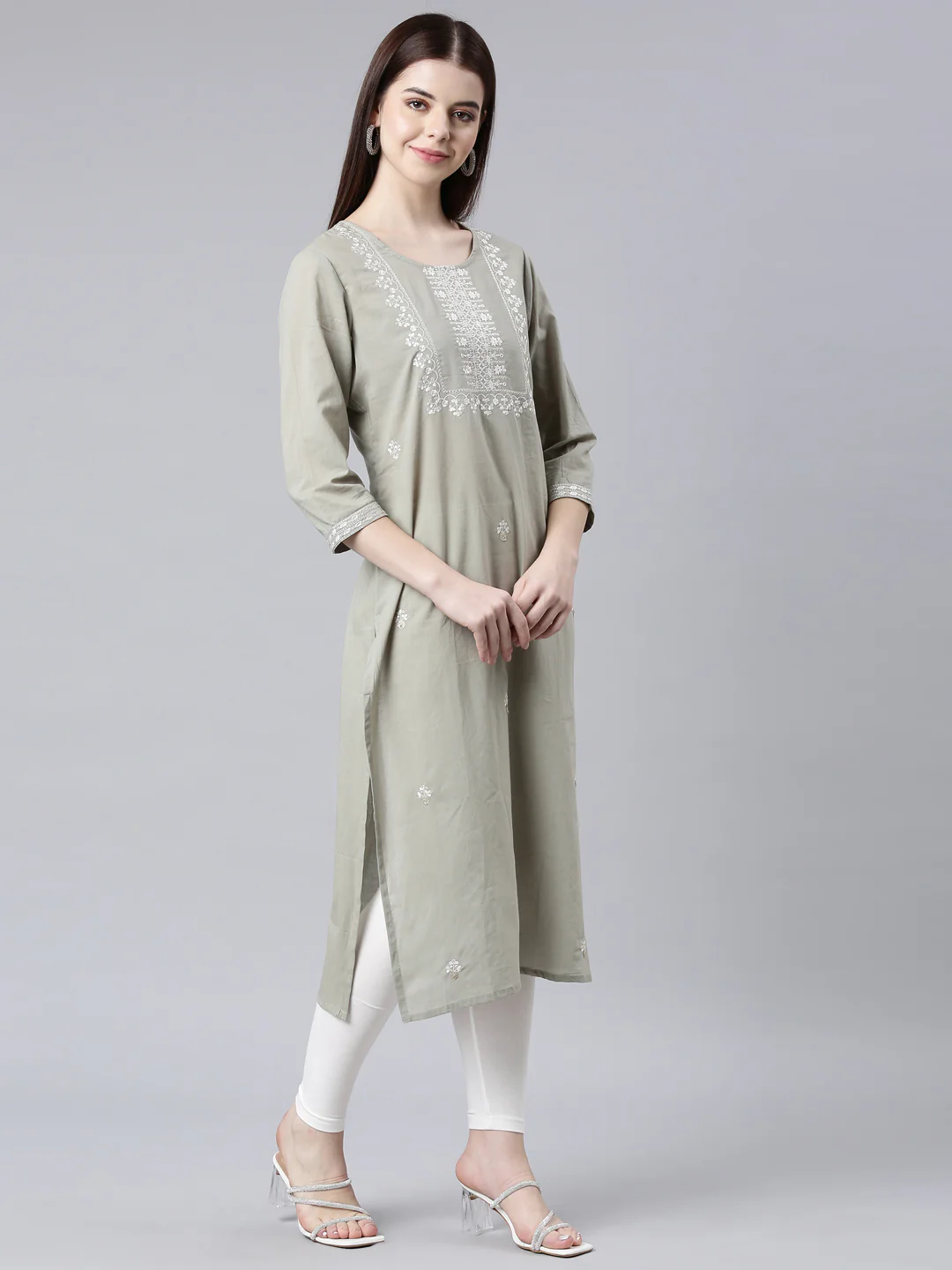 Neerus Grey Straight Casual Floral Straight Kurta - Image 3