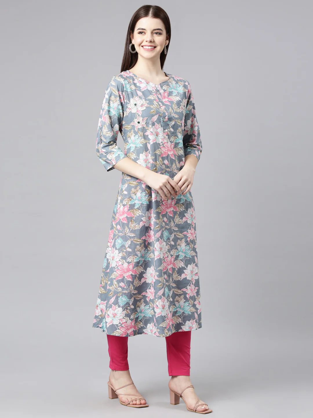 Neerus Grey Straight Casual Floral Straight Kurta - Image 3