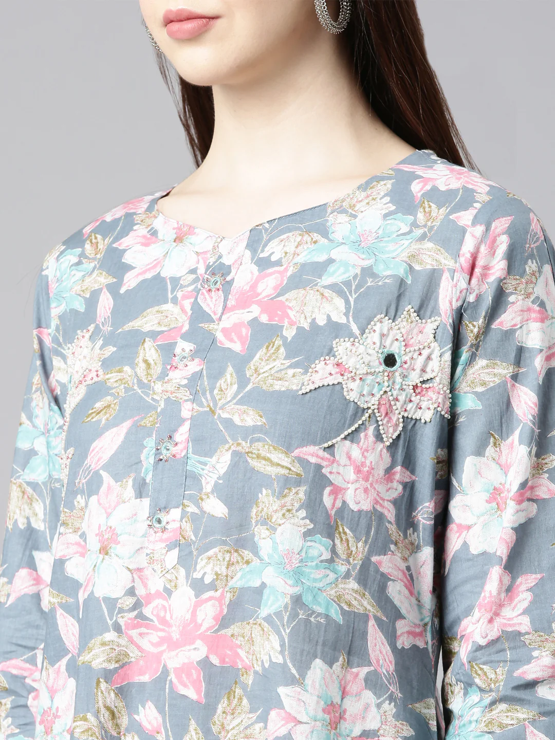 Neerus Grey Straight Casual Floral Straight Kurta - Image 5
