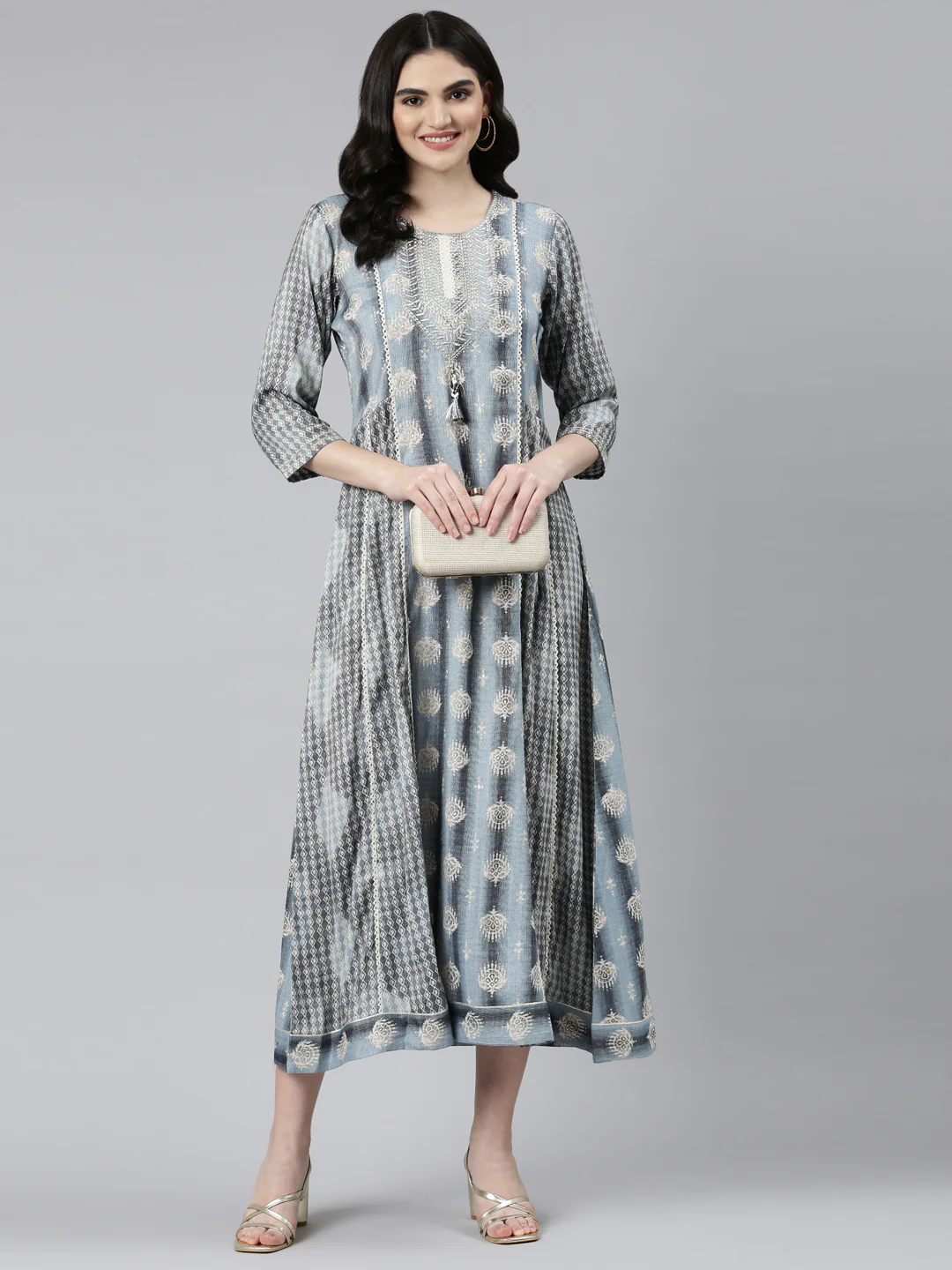 Neerus Grey Straight Casual Printed Dress - Image 5