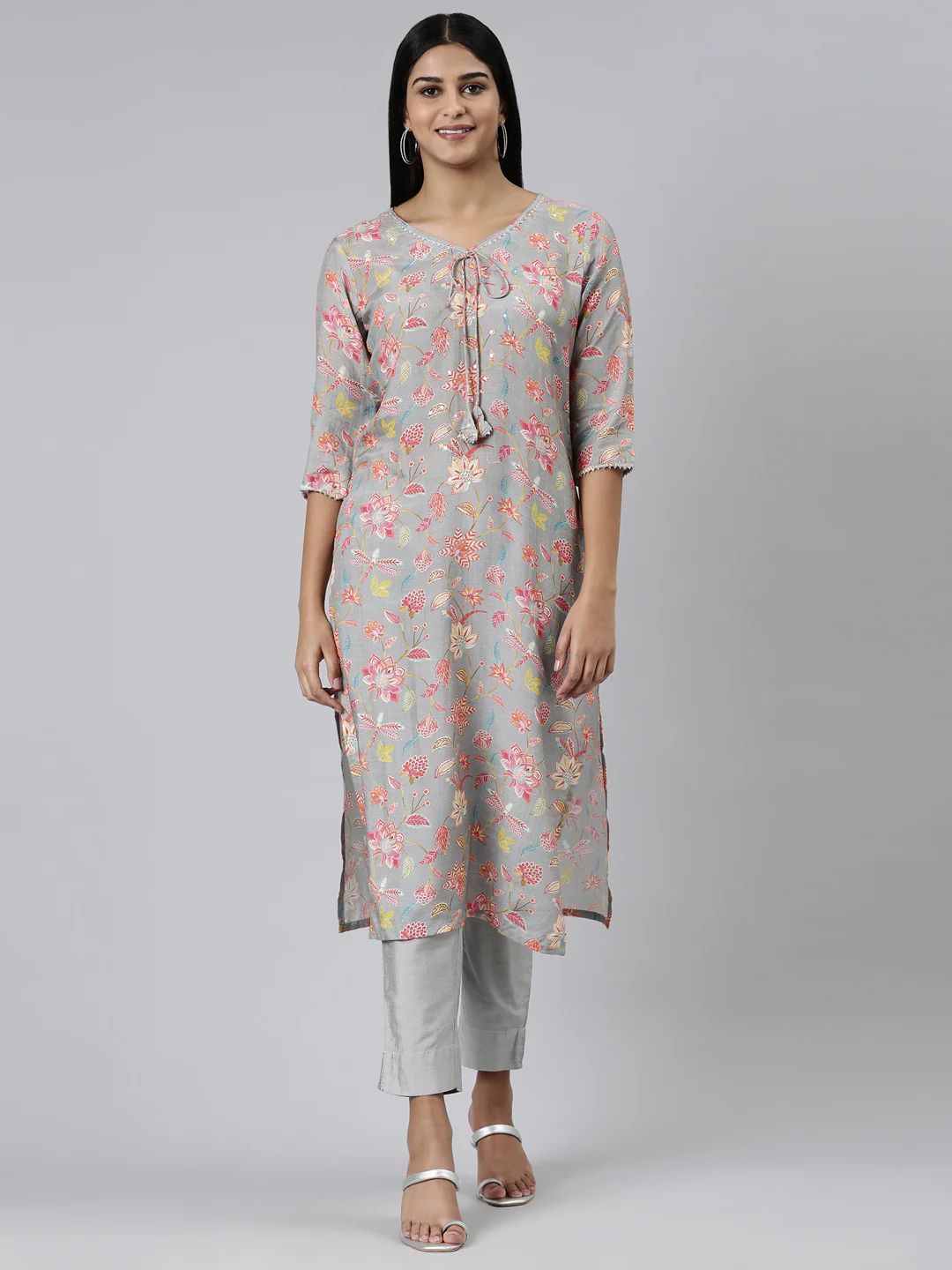 Neerus Grey Straight Printed Cotton Kurta