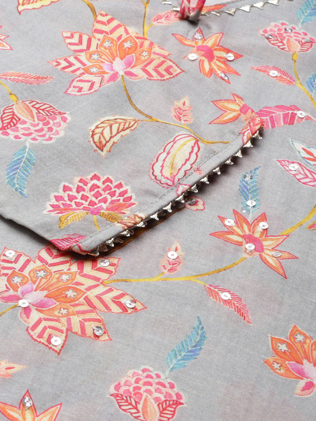 Neerus Grey Straight Printed Cotton Kurta - Image 4