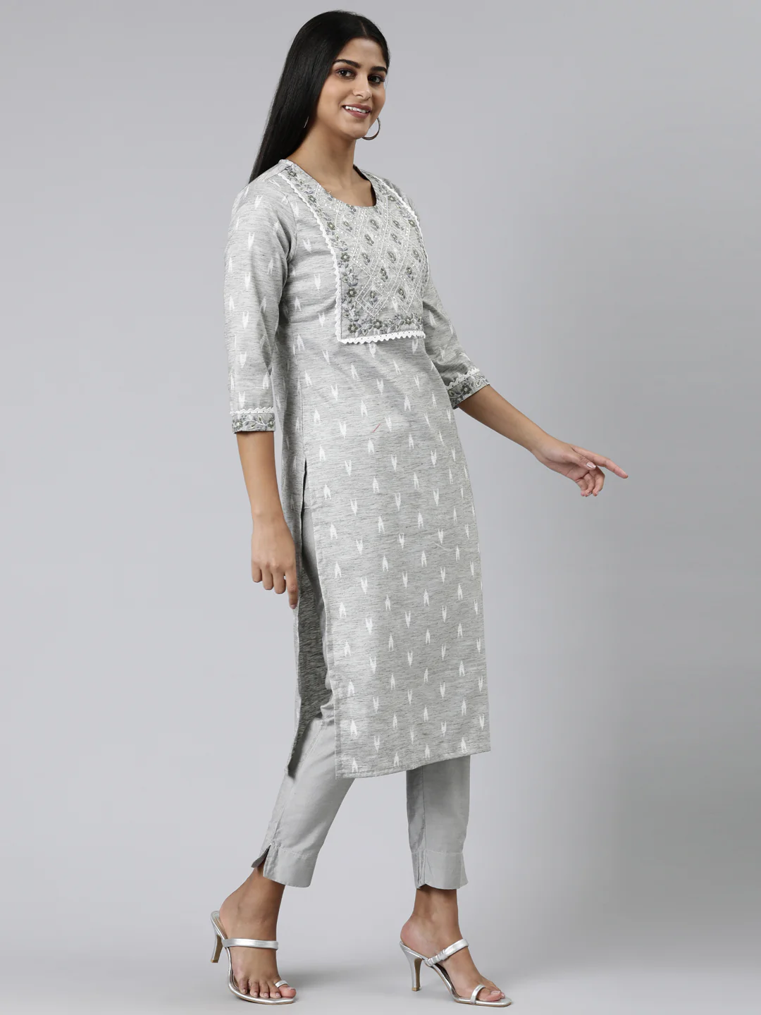 Neerus Grey Straight Printed Viscose Rayon Kurta - Image 2