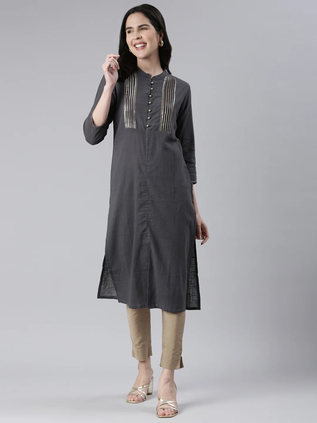 Neerus Grey Straight Solid Cotton Kurta - Image 5
