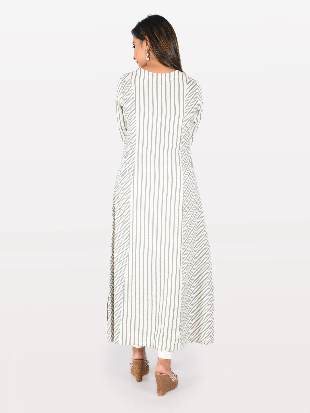 Neerus Grey Striped A Line Kurta - Image 3