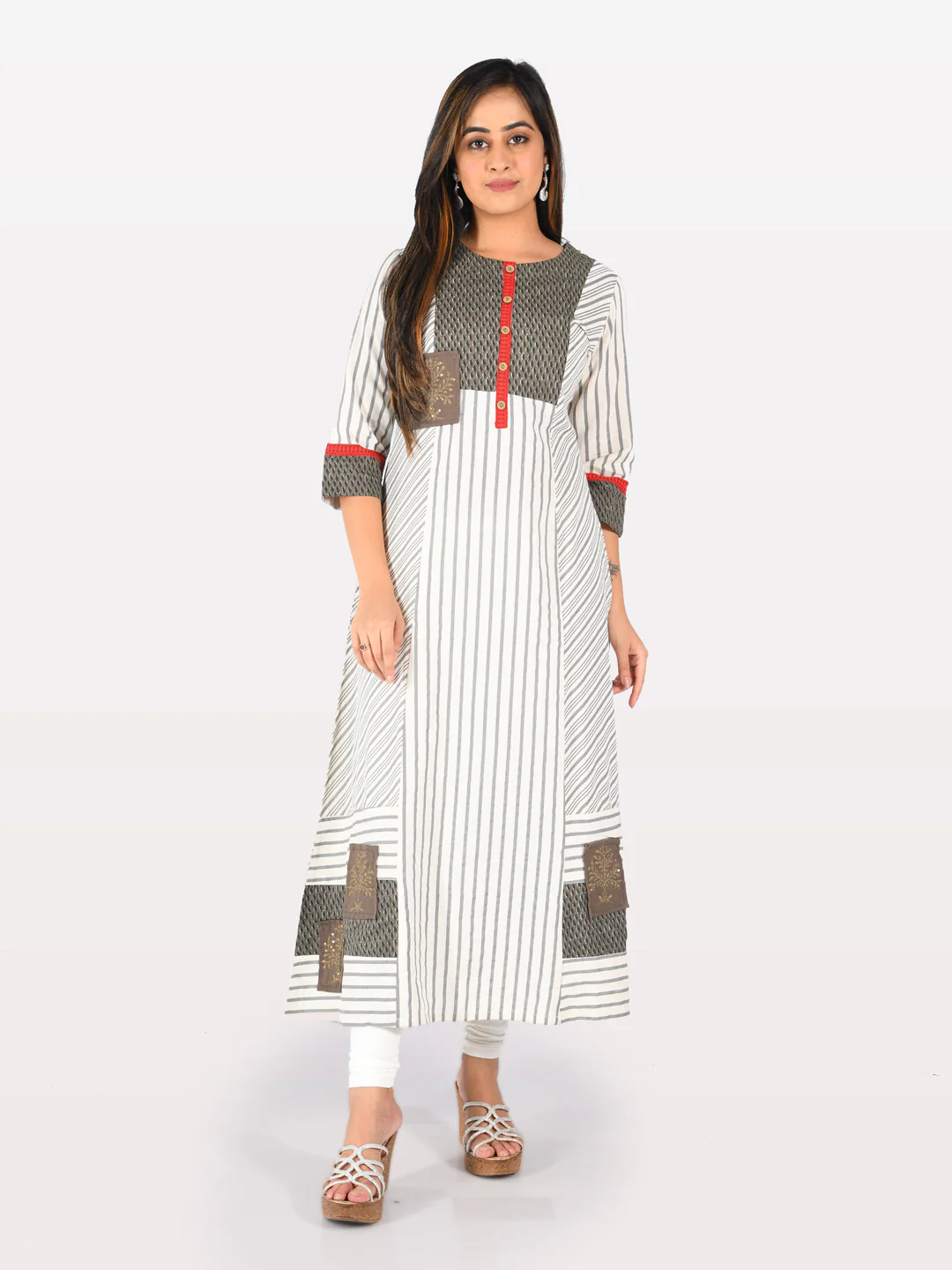 Neerus Grey Striped A Line Kurta - Image 5