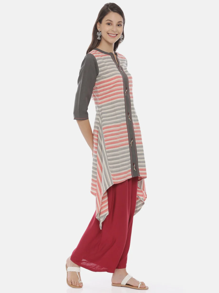 Neerus Grey Striped High Low Kurta - Image 4