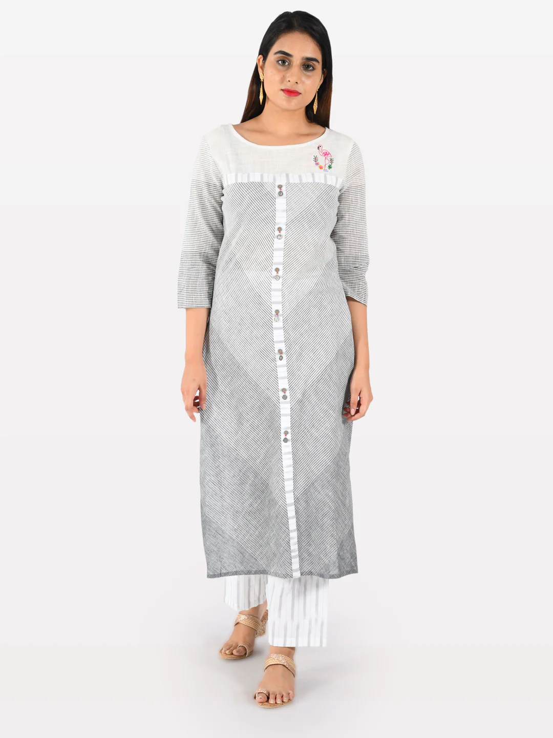 Neerus Grey Striped Straight Kurta