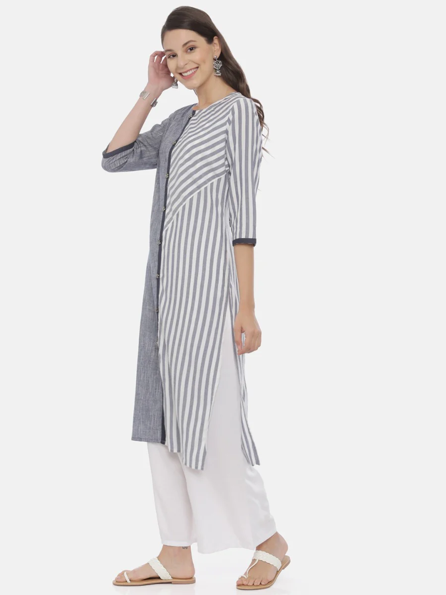 Neerus Grey Striped Straight Kurta - Image 3
