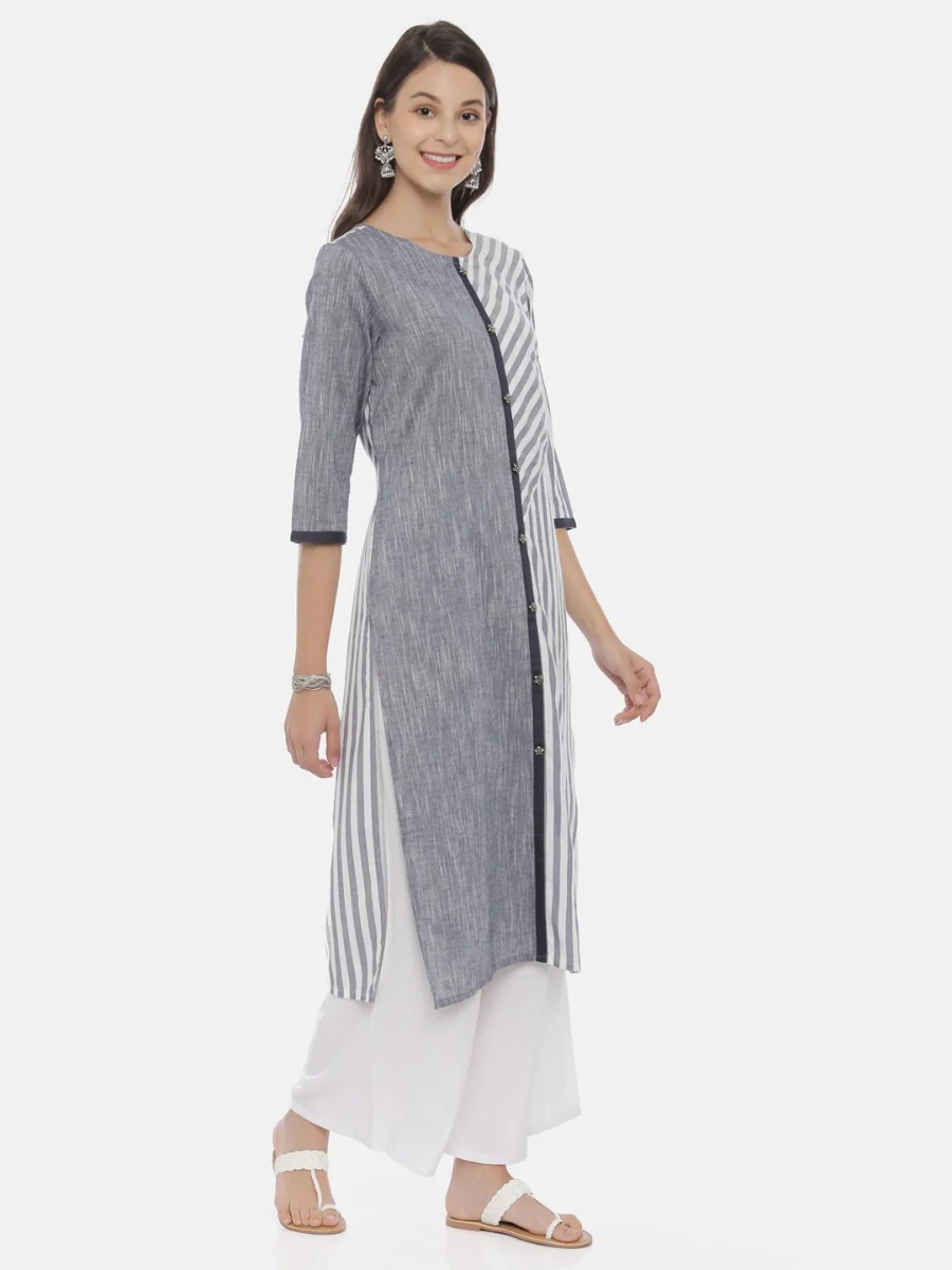Neerus Grey Striped Straight Kurta - Image 4