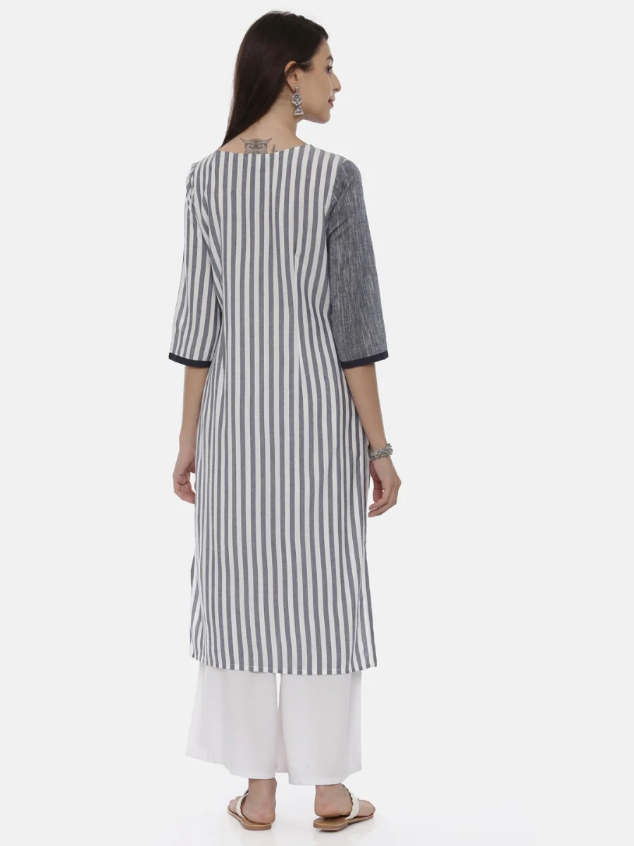 Neerus Grey Striped Straight Kurta - Image 5