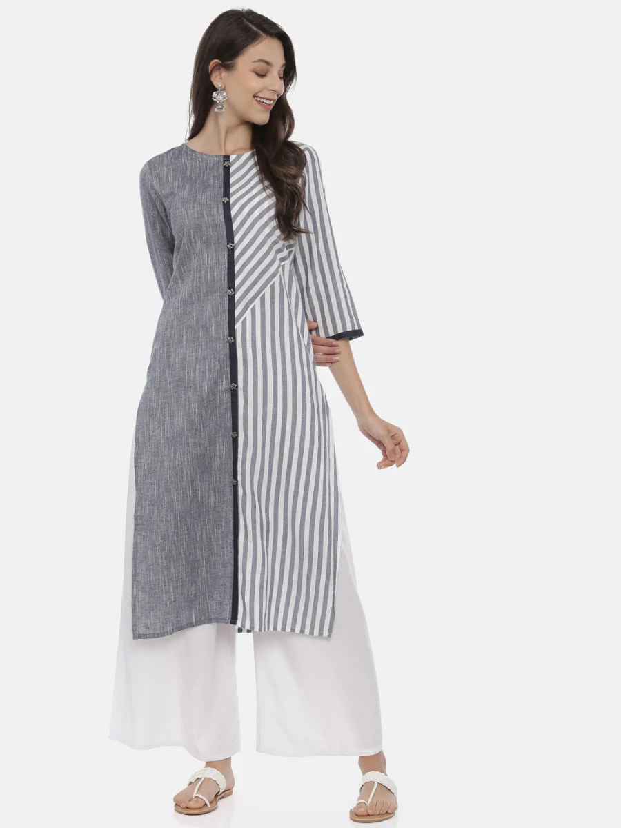 Neerus Grey Striped Straight Kurta - Image 6