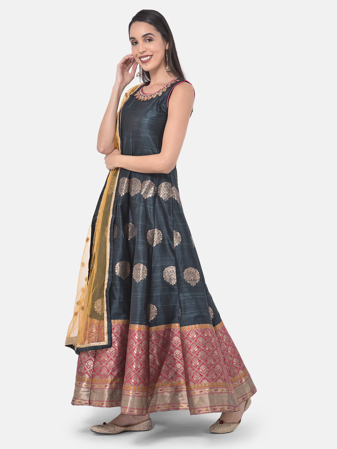 Neerus Grey & Yellow Printed Anarkali Kurta With Dupatta - Image 2
