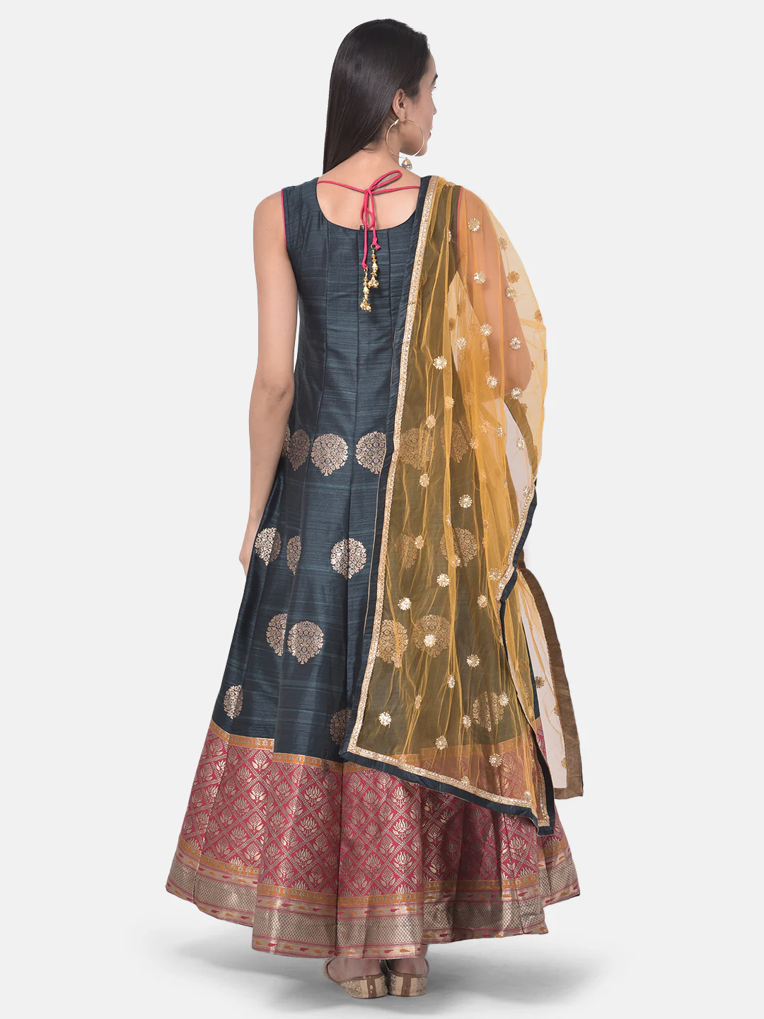 Neerus Grey & Yellow Printed Anarkali Kurta With Dupatta - Image 3