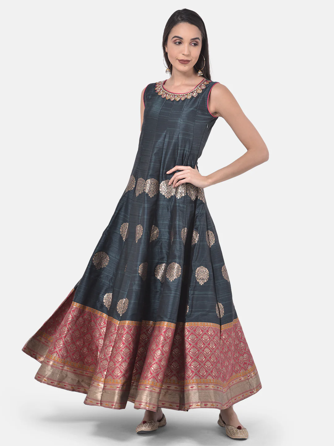 Neerus Grey & Yellow Printed Anarkali Kurta With Dupatta - Image 8