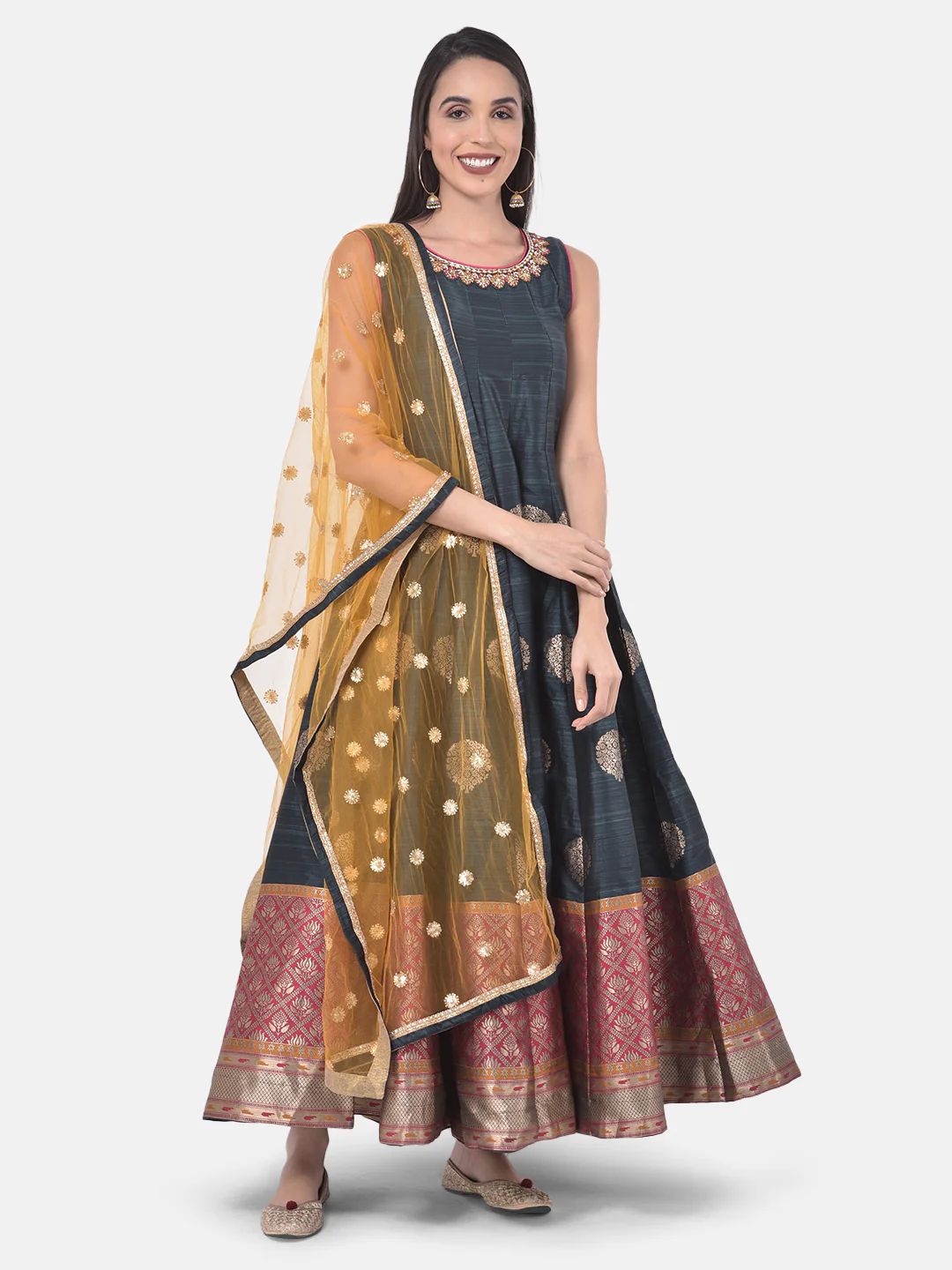 Neerus Grey & Yellow Printed Anarkali Kurta With Dupatta - Image 9